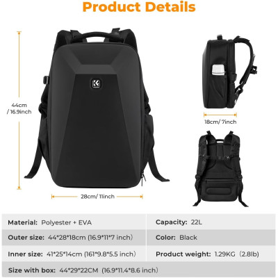 Avatar Shop|K&F Rucsac Foto Hardshell, Capacitate 22L, Compartiment Laptop 15.6 inch, Carcasa EVA Rigida, Suport Trepied, Negru|K&F Concept