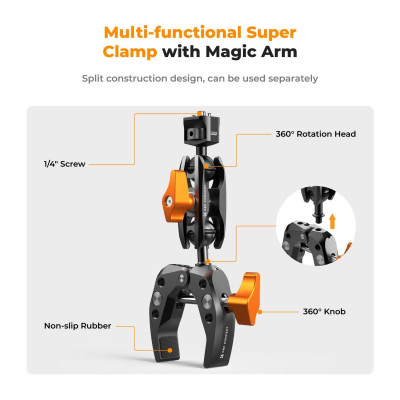 Avatar Shop|K&F Clema Super Clamp cu Brat Magic Arm, Sarcina Maxima 5kg, Diametru Falca 60mm, Filet 1/4 inch, Cap Rotativ 360 Grade|K&F Concept
