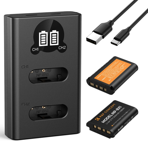 K&F NP-BX1 Set Doua Acumulatori pentru Camera, Capacitate 1240mAh, Incarcator Dublu cu Ecran LCD, Intrare Micro USB/Type-C