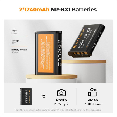 Avatar Shop|K&F NP-BX1 Set Doua Acumulatori pentru Camera, Capacitate 1240mAh, Incarcator Dublu cu Ecran LCD, Intrare Micro USB/Type-C|K&F Concept