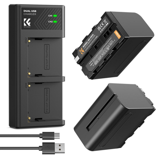 K&F NP-F970 Set Doua Acumulatori Camera Digitala, Incarcator Dual, Capacitate 6600mAh, Compatibil Sony, Cablu Type C