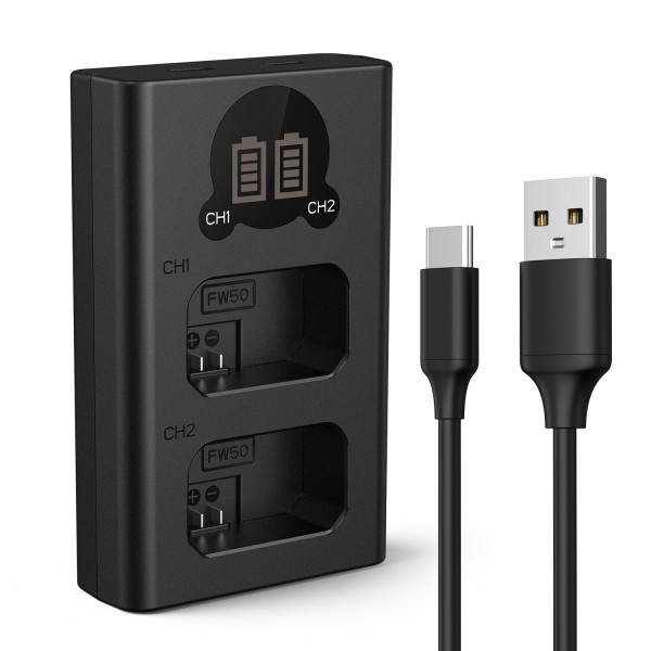K&F Concept Incarcator Baterie NP-FW50, Display LCD, Dual Slot, Micro USB si Type-C, 6 Protectii