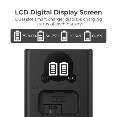 Avatar Shop|K&F Concept Incarcator Baterie NP-FW50, Display LCD, Dual Slot, Micro USB si Type-C, 6 Protectii|K&F Concept