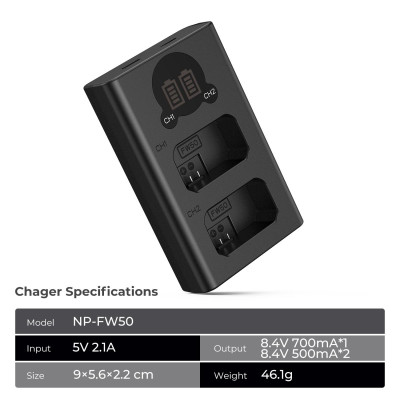 Avatar Shop|K&F Concept Incarcator Baterie NP-FW50, Display LCD, Dual Slot, Micro USB si Type-C, 6 Protectii|K&F Concept