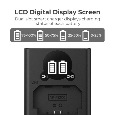 Avatar Shop|K&F Concept NP-FZ100 Incarcator Baterie Dubla, Display LCD, Compatibil Sony, Incarcare Micro USB si Type-C, 6 Protectii|K&F Concept