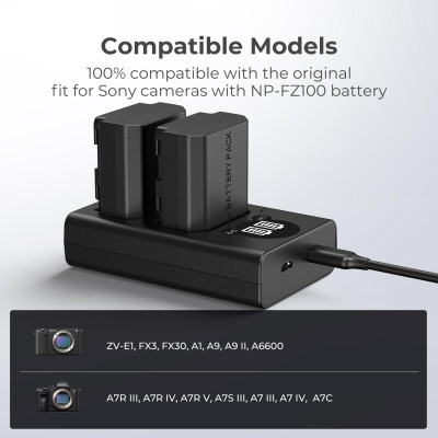 Avatar Shop|K&F Concept NP-FZ100 Incarcator Baterie Dubla, Display LCD, Compatibil Sony, Incarcare Micro USB si Type-C, 6 Protectii|K&F Concept
