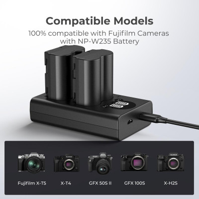 Avatar Shop|K&F Concept NP-W235 Incarcator Dublu Baterii Camera, Ecran LCD, Micro USB si Type-C, Compatibil Fujifilm X-T5, X-T4, GFX 100S|K&F Concept