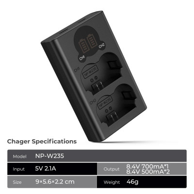Avatar Shop|K&F Concept NP-W235 Incarcator Dublu Baterii Camera, Ecran LCD, Micro USB si Type-C, Compatibil Fujifilm X-T5, X-T4, GFX 100S|K&F Concept