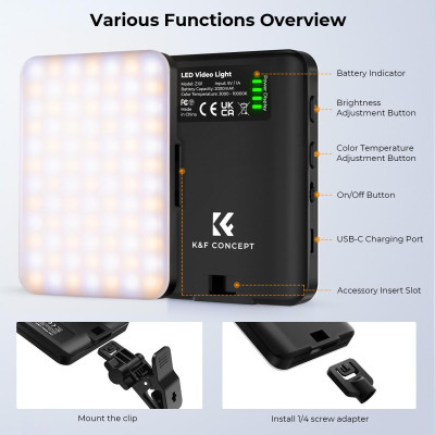 Avatar Shop|K&F Concept Lampa LED Video Clip, Putere 4W, Baterie 2000mAh, CRI95+, Temperatura Culoare 3000K-10000K|K&F Concept