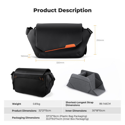 Avatar Shop|K&F Sling Bag Urban Wander 14, Capacitate 10L, Negru, Rezistent la Apa, Greutate 0.81 kg, Curea Ajustabila|K&F Concept