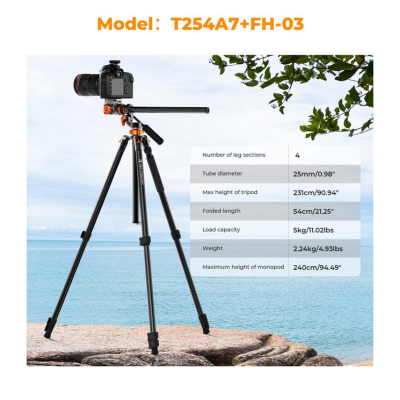 Avatar Shop|K&F T254A7+FH-03 Trepied Foto cu Cap Hidraulic, Inaltime Maxima 2.31m, Sarcina 5kg, Pliat 54cm, Monopied Detasabil 2.4m|K&F Concept