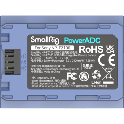 Avatar Shop|SmallRig 4265 Baterie Camera USB-C Reincarcabila NP-FZ100, Capacitate 2400mAh, Tensiune 7.2V, Incarcare Rapida 5V 2.2A|SmallRig