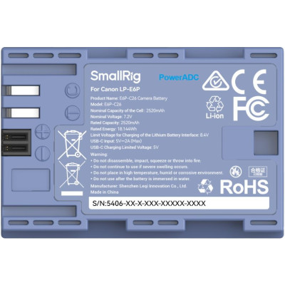 Avatar Shop|SmallRig 5406 Baterie Camera Canon LP-E6P, Incarcare USB-C, Capacitate 2520mAh, Cip Complet Decodat|SmallRig