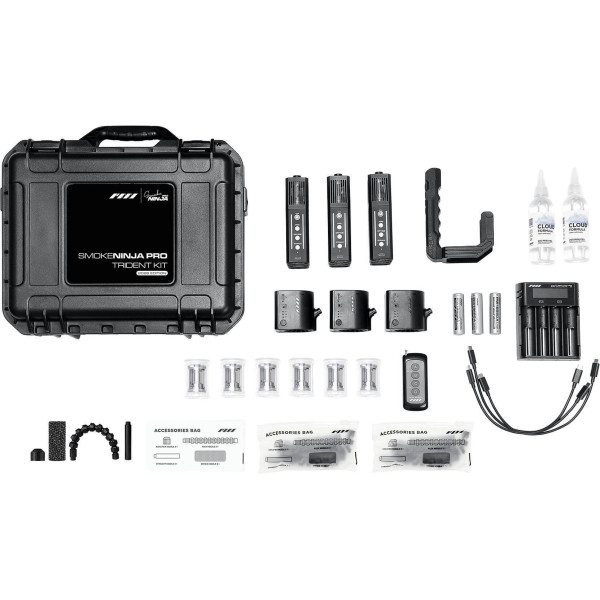 Kit Masini de Fum SmokeNINJA PRO Trident V2, 3 Unitati, Camere atomizare V3.0, Control USB-C si Bluetooth, Acumulatori Inclusi