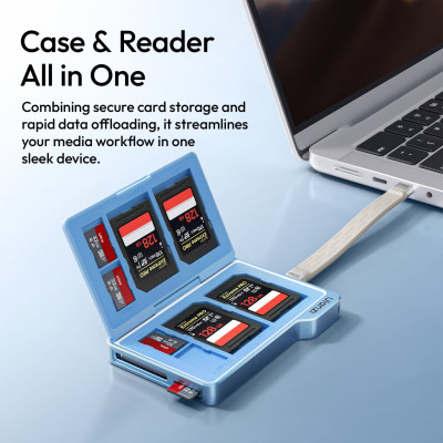 Avatar Shop|Ulanzi DC01 Husa Card Memorie 2-in-1, Cititor USB 3.1 Integrat, 312 MB/s, 4x SD + 4x microSD, Albastru|Ulanzi