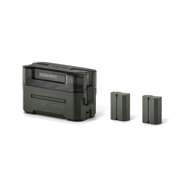 Tilta NP-FZ100 Statie de Incarcare cu 2 Acumulatori, 4 Sloturi, Incarcare Rapida USB-C 45W, Verde