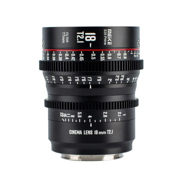 Meike 18mm T2.1 S35 Prime, Obiectiv Cine Montura EF, Diafragma T2.1-T22, 11 Lamele Diafragma, Filet Filtru 77mm, Rotatie