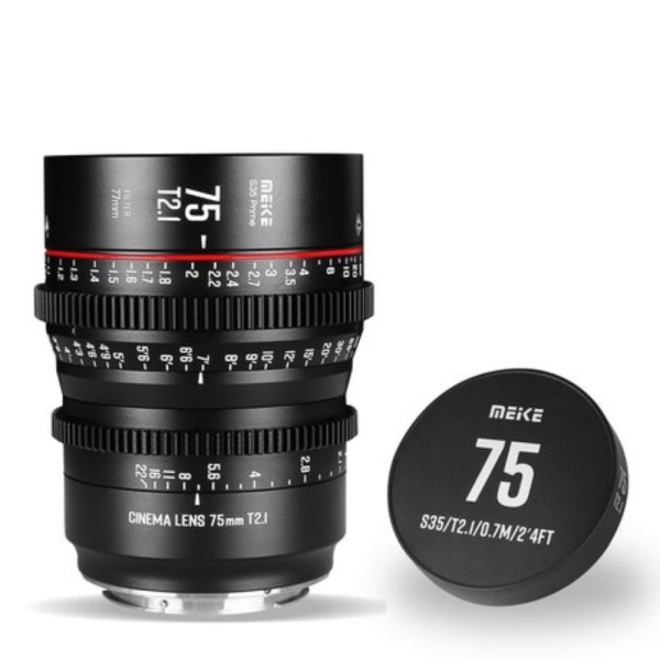 Meike 75mm T2.1 Super 35 Prime Obiectiv Cine, Montura EF, Distanta Focala 75mm, Diametru Filtru 77mm, 13 Lamele Diafragma,