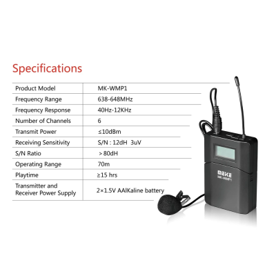 Avatar Shop|Meike MK-WMP1 Sistem Audio Wireless UHF, Pentru DSLR, Raza 70m, 6 Canale, Microfon Lavaliera, Conector Jack 3.5mm|Meike