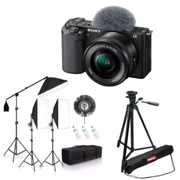 Sony ZV-E10 Kit Creator Foto-Video, Obiectiv 16-50mm, Kit 3 Surse Lumina 135W, Trepied Inca IN313B