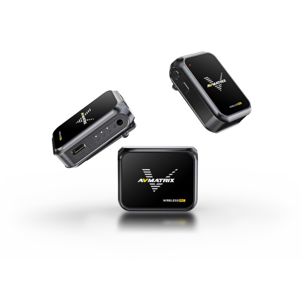 AvMatrix WM12 Dual Sistem Microfon Wireless, 2 Transmitatoare, 1 Receiver, 2.4 GHz, Raza 100m, Monitorizare OLED/TFT