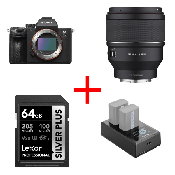 Sony A7 III + Obiectiv Samyang 85mm F1.4 FE, bonus card Lexar 64gb si incarcator