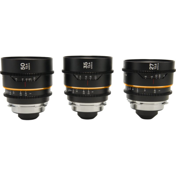 Laowa Nanomorph S35 Prime 3-Lens Bundle, 27mm, 35mm, 50mm, Amber, Montura Arri PL/Canon EF, Strangere Anamorfica 1.5x