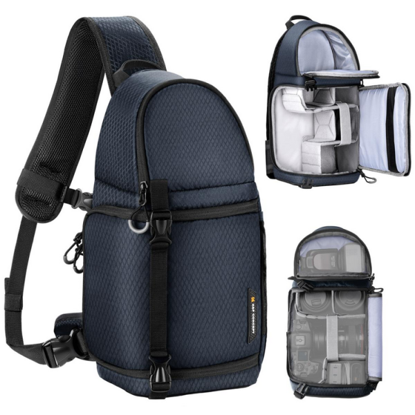 K&F Concept Sling Urban Wander 02 Rucsac Foto 10L, Crossbody, Acces Lateral Rapid, Protectie Socuri, Suport Trepied, Albastru
