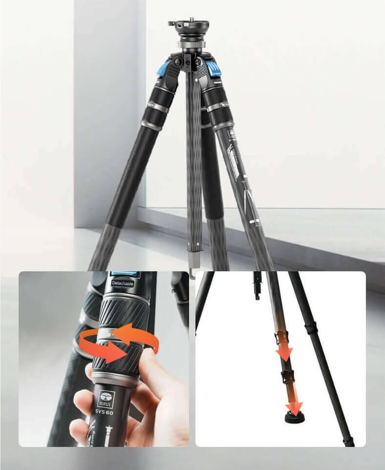 sirui svs60 mod monopied coloana centrala reversibila picioare carbon 30.3mm diametru