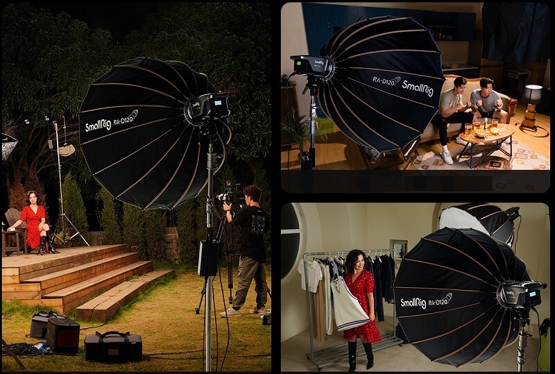 setup studio profesional smallrig ra-d120 montat pe proiector led bowens grid 45 grade portret
