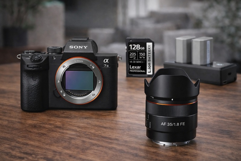 kit profesional sony a7 iii body obiectiv samyang 35mm f1.8 card lexar 128gb incarcator smallrig