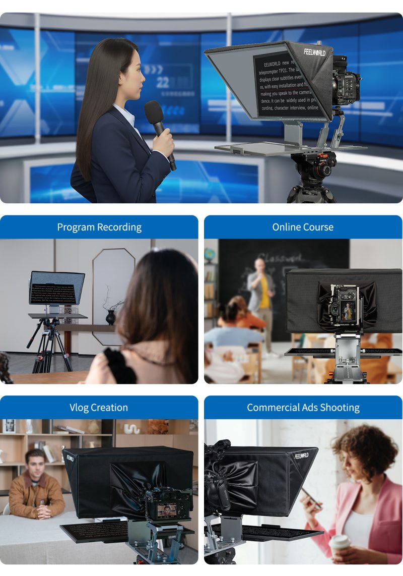 Feelworld TP21 Teleprompter, Suport Tableta pana la 21 inch, Compatibil DSLR si Mirrorless, Greutate 2.85kg