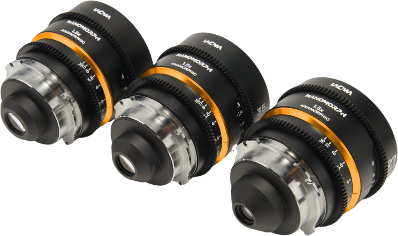 Laowa Nanomorph S35 Prime 3-Lens Bundle, 27mm, 35mm, 50mm, Amber, Montura Arri PL/Canon EF, Strangere Anamorfica 1.5x