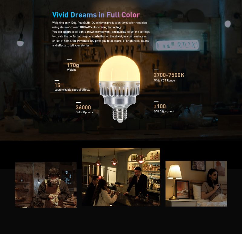 Nanlite PavoBulb 10C, Kit 1 Bec LED, RGBWW, Bluetooth, Control CCT/HUE, Aplicatie NANLINK