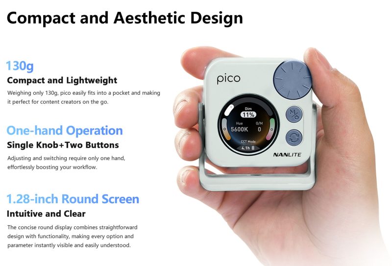 Nanlite Pico LED Mini Pocket Light Mint Blue, RGBW, 36.000 Culori, CCT 2700K-7500K, CRI 95, Baterie 1500mAh