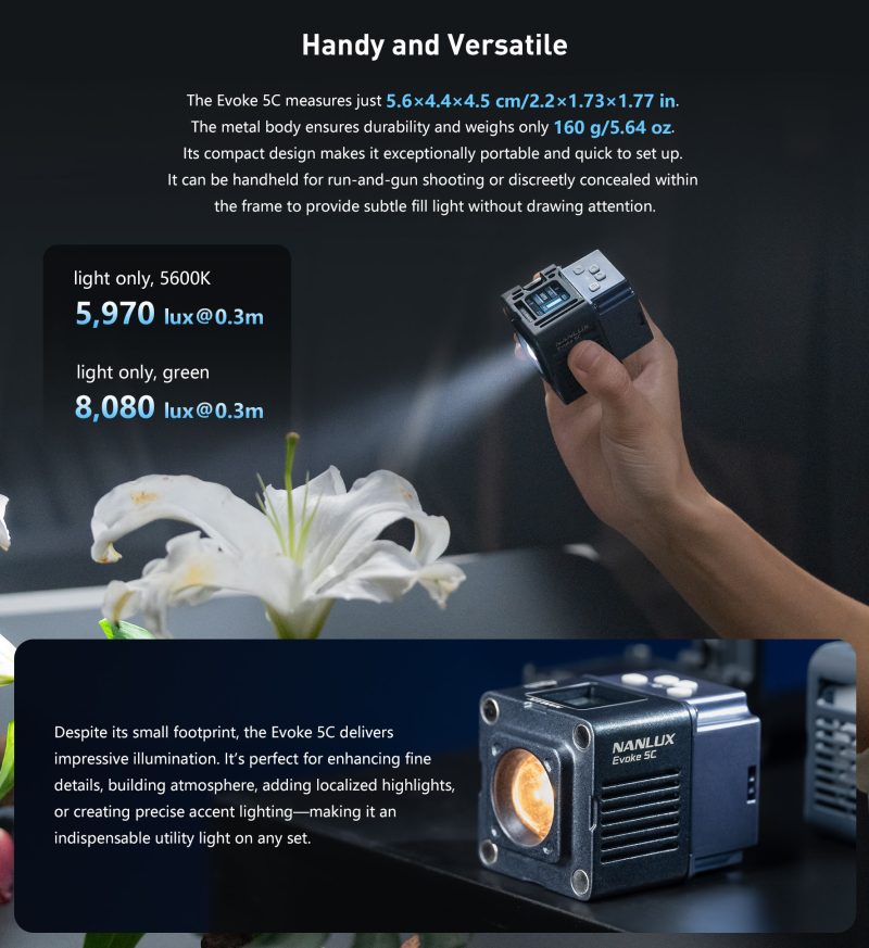 Nanlux Evoke 5C Kit 8 Lumini LED Full-Color, CCT 1000K-20000K, CRI 98, Control Wireless CRMX, Valiza GUTEK T-230