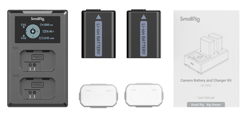 SmallRig 3818 NP-FW50 Kit Baterie si Incarcator, 2x Baterii, Incarcator Dublu LCD, Cablu USB-A/USB-C, Compatibil Sony