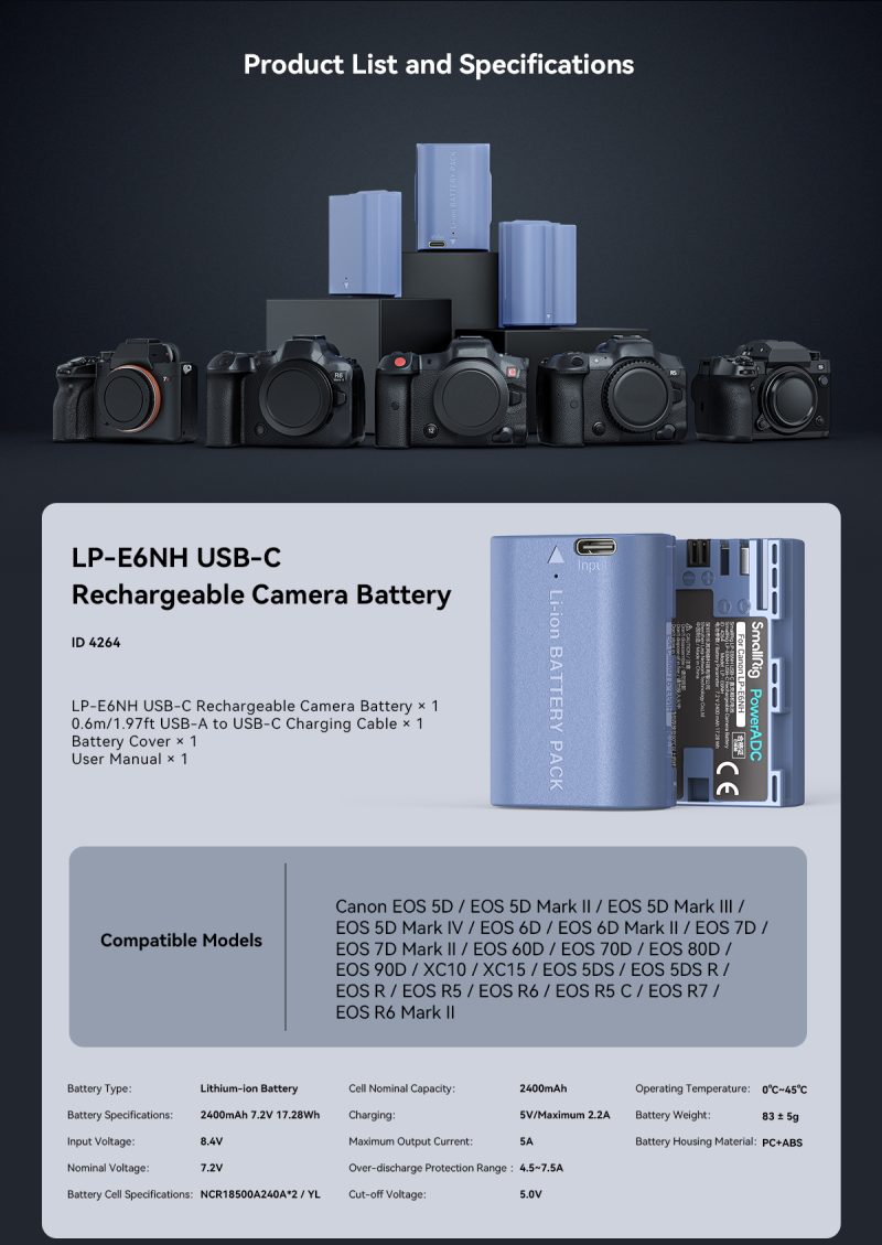 SmallRig 4266 Baterie Camera Foto NP-W235, USB-C Reincarcabila, 2400mAh, Compatibila Fujifilm