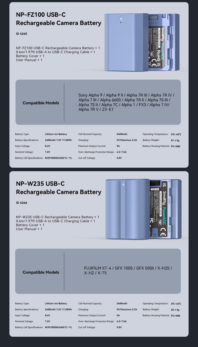 SmallRig 4266 Baterie Camera Foto NP-W235, USB-C Reincarcabila, 2400mAh, Compatibila Fujifilm