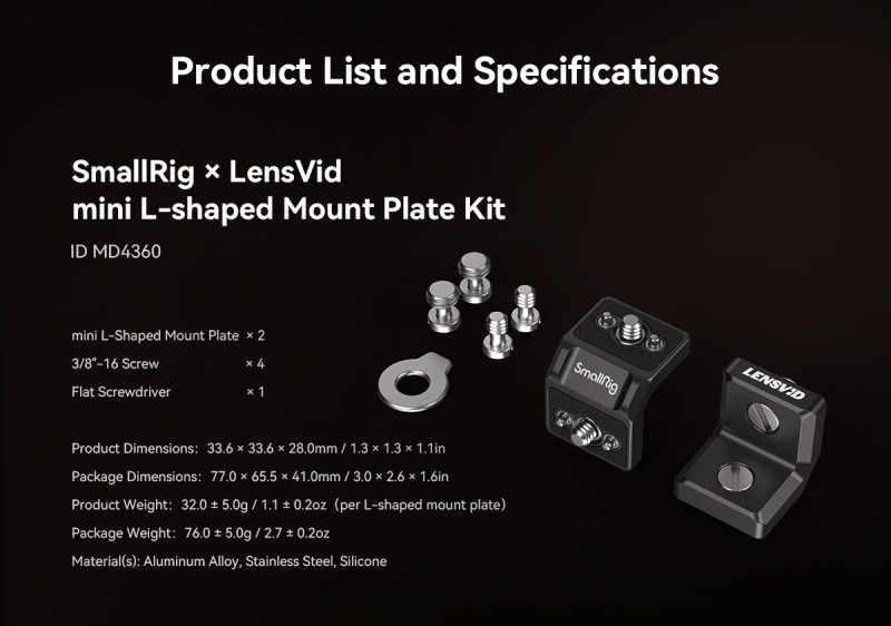 SmallRig 4360 Mini L-Shaped Mount Plate Kit, Montare La 90 Grade, Capacitate 1.2kg, Tampon Anti-Alunecare, Compatibil ARRI