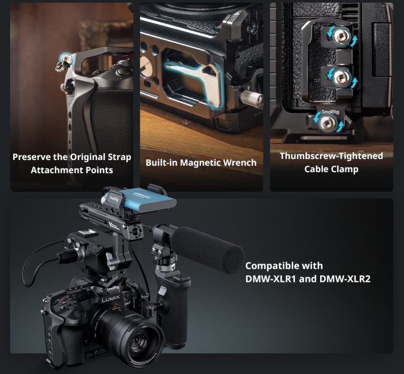 SmallRig 4825 HawkLock Quick Release Cage Kit, Pentru Panasonic Lumix GH7/GH6, Cage Camera, Maner Superior, Clema Cablu HDMI,