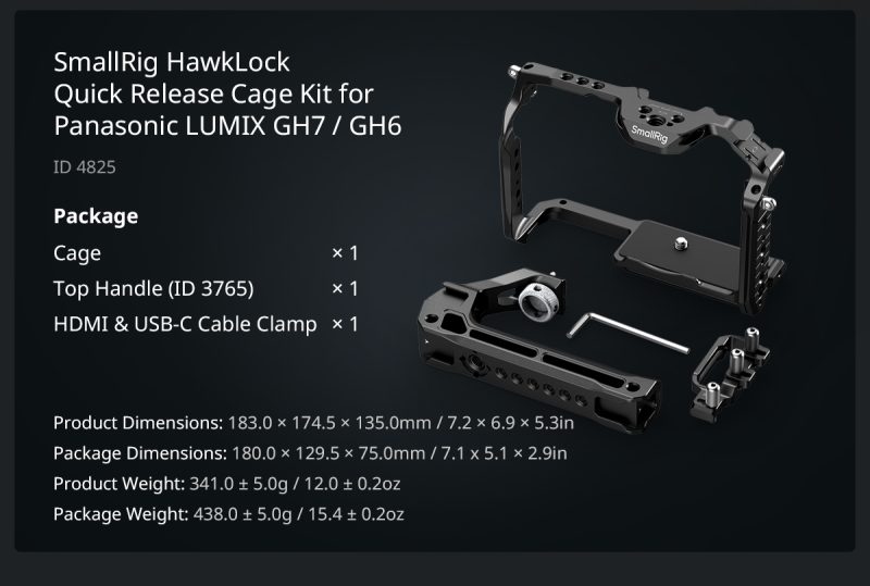 SmallRig 4825 HawkLock Quick Release Cage Kit, Pentru Panasonic Lumix GH7/GH6, Cage Camera, Maner Superior, Clema Cablu HDMI,