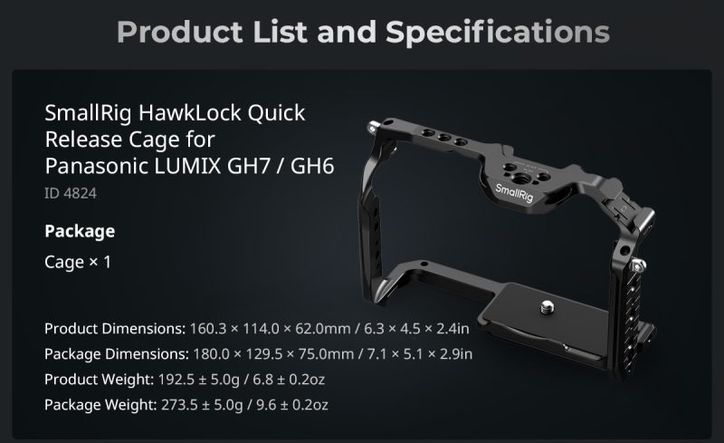 SmallRig 4824 HawkLock Quick Release Cage, Pentru Panasonic Lumix GH7/GH6, Placa Arca-Swiss, Compatibil DJI RS 2/RS 3/RS 4