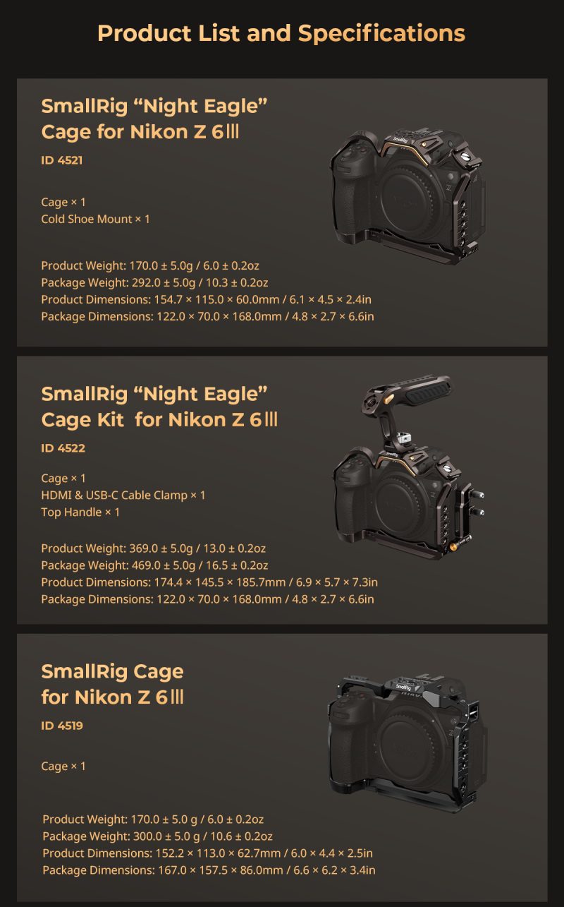 SmallRig 4520 Kit Cage pentru Nikon Z 6III, Maner Superior, Clema Cablu HDMI si USB-C, Placa Arca-Swiss