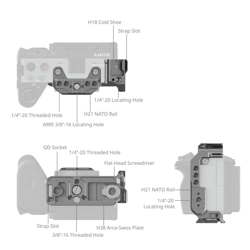 SmallRig 4772 HawkLock Quick Release Half Cage, Pentru Sony FX3/FX30, Sina NATO, Cage Forma L, Sistem Eliberare Rapida