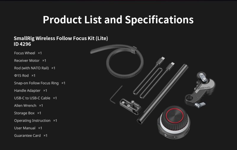 SmallRig 4296 Kit Wireless Follow Focus Lite, Baterie 1400mAh, Autonomie 21 Ore, Cuplu 4.3 kgf-cm, Compatibil PD si QC
