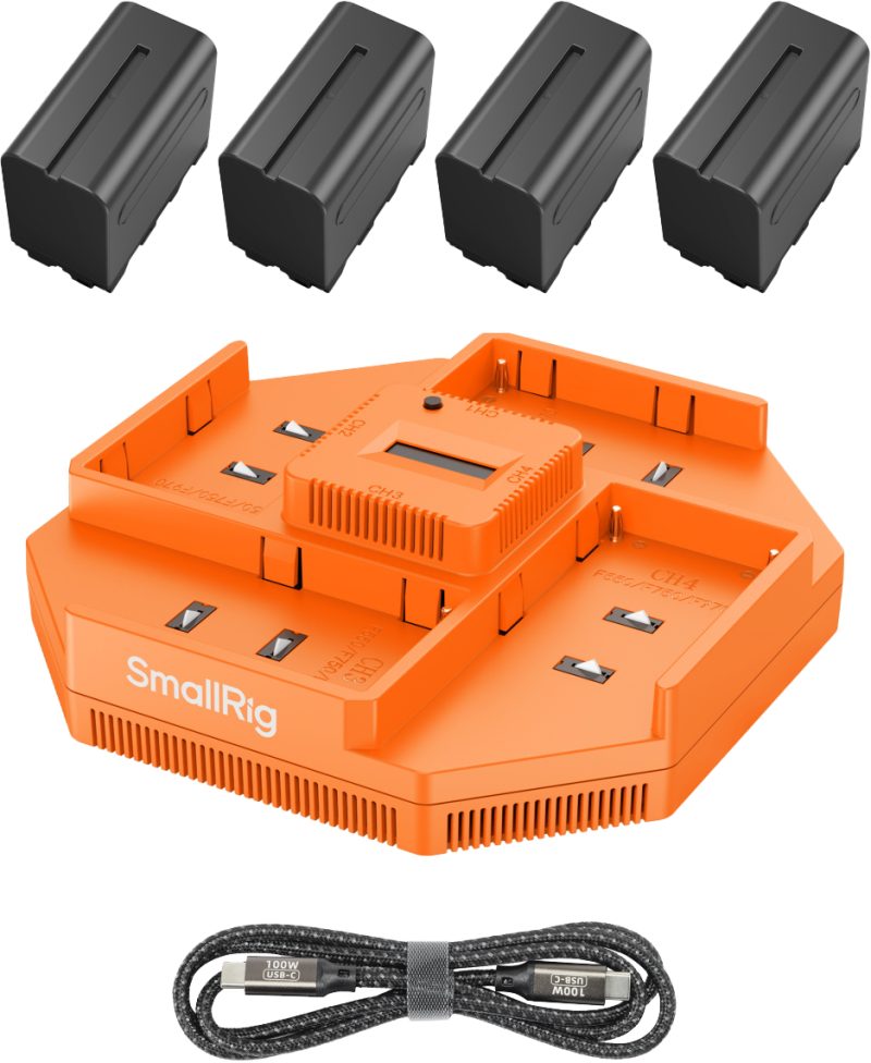 SmallRig 4834 Incarcator Baterii NP-F970, 4 Canale, Kit 4 Baterii 7800mAh, Input 100W, Ecran OLED