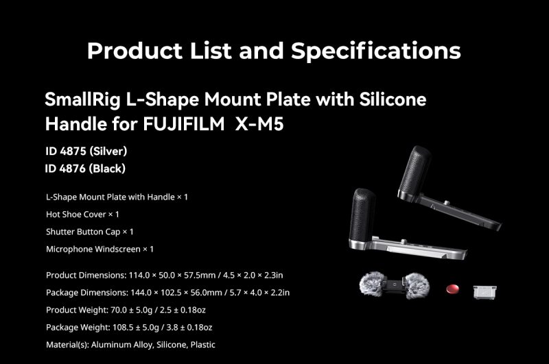 SmallRig 4876 Placa de Montare in Forma de L, Maner din Silicon, Pentru FUJIFILM X-M5, Negru, Prindere Rapida Arca-Swiss