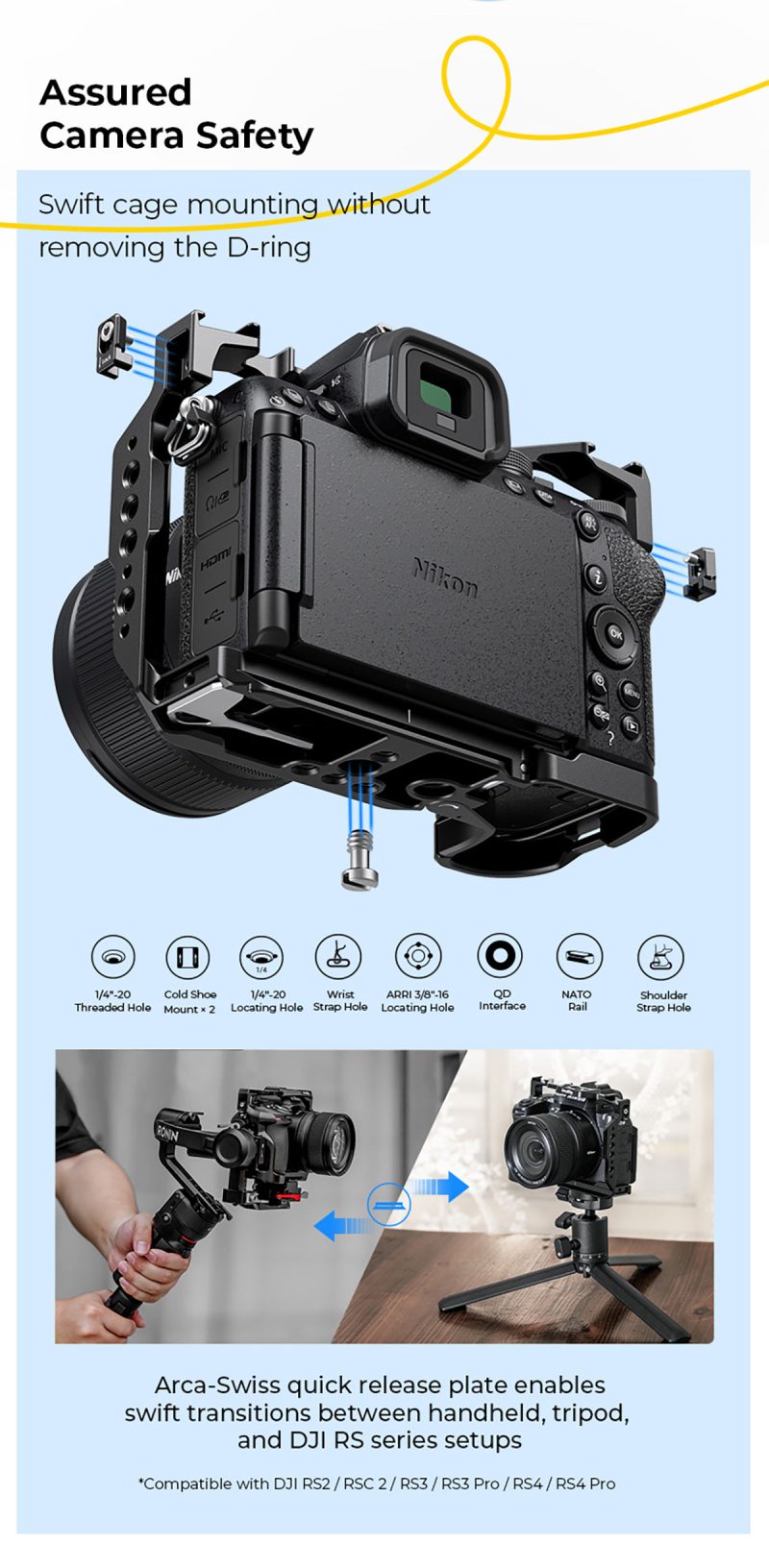 SmallRig 4980 Cage pentru Nikon Z50 II, Placa Arca-Swiss, Ghidaje ARRI 3/8-16, Interfete QD, Suport Pantof Rece