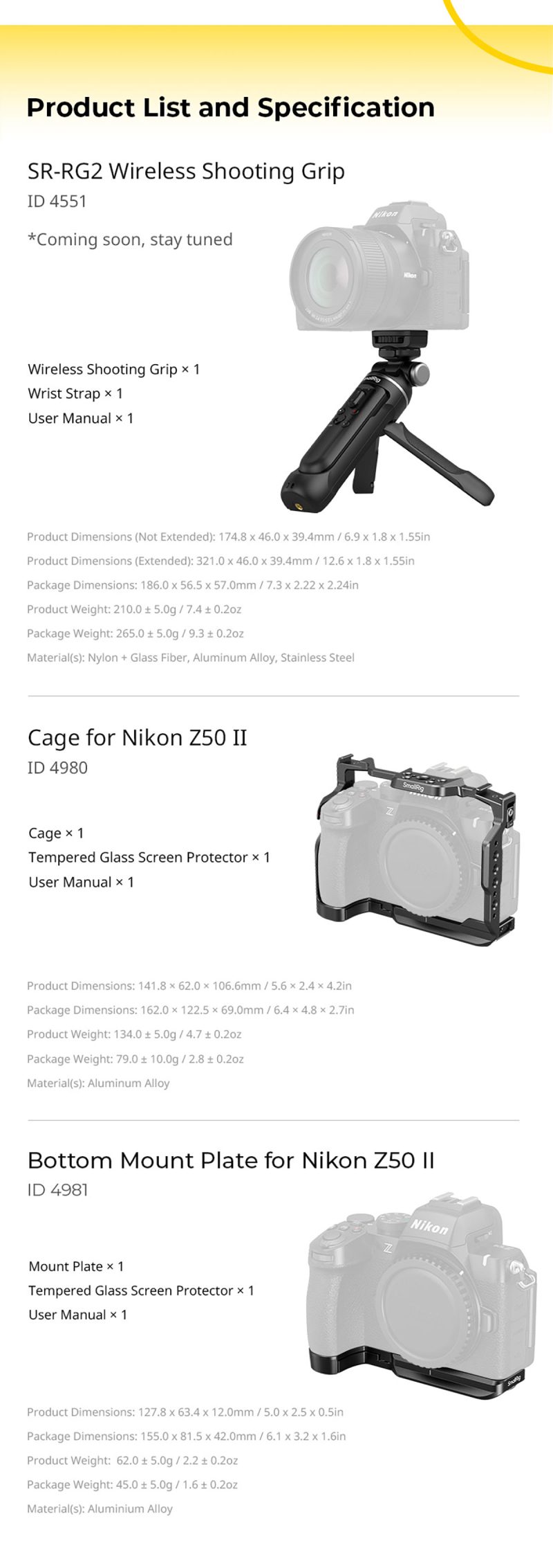 SmallRig 4980 Cage pentru Nikon Z50 II, Placa Arca-Swiss, Ghidaje ARRI 3/8-16, Interfete QD, Suport Pantof Rece